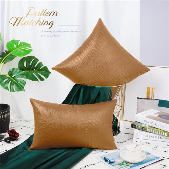 Faux Leather Pillow Covers 18 X 18 Inches, Tan Leather Pillow Covers Pack of 2 - Picture 3 of 7